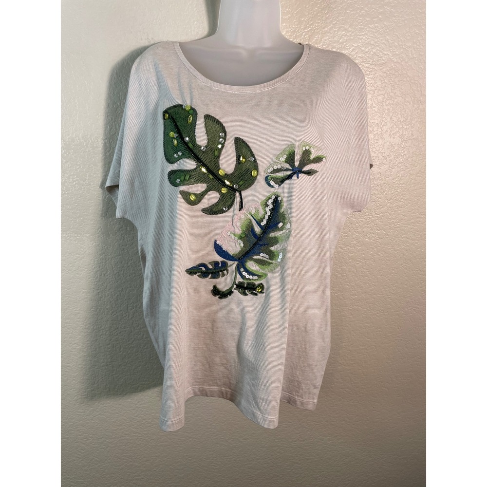 Chicos 2 US Large Top Tan Striped Tropical Sequin Leaf Applique Resort Chic